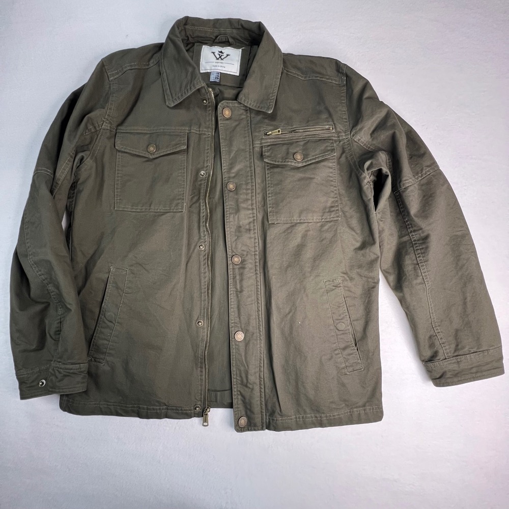 Wenven Mens Military Field Jacket Olive Green Cotton Canvas Utility Coat Size L